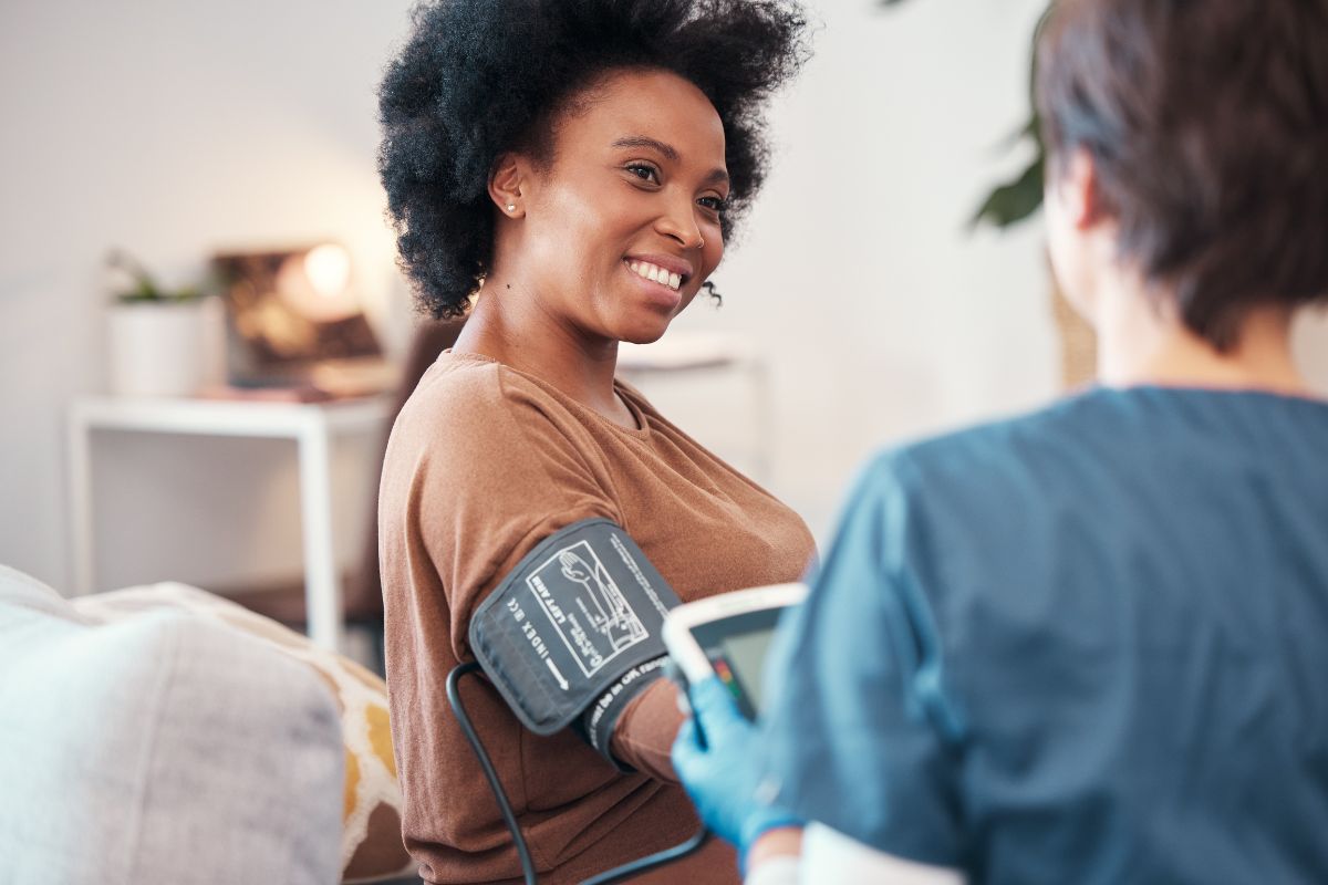 Vascular-care-patient-southwest-virginia Patient having blood pressure checked during a vascular health evaluation in southwest virginia.